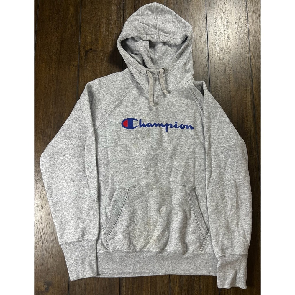 Champion Mens Script Logo Hoodie Heather Gray Raglan Pullover Medium
